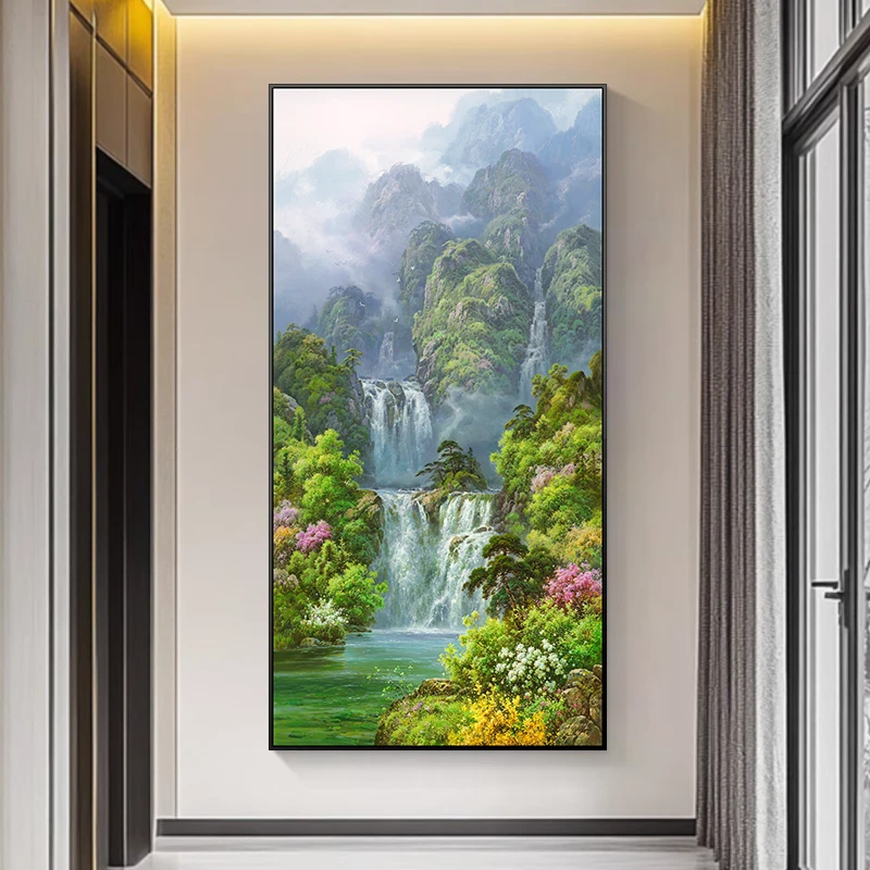 《翠岭映春辉》玄关风景装饰画复刻立体油画山水画入户定制艺术挂画