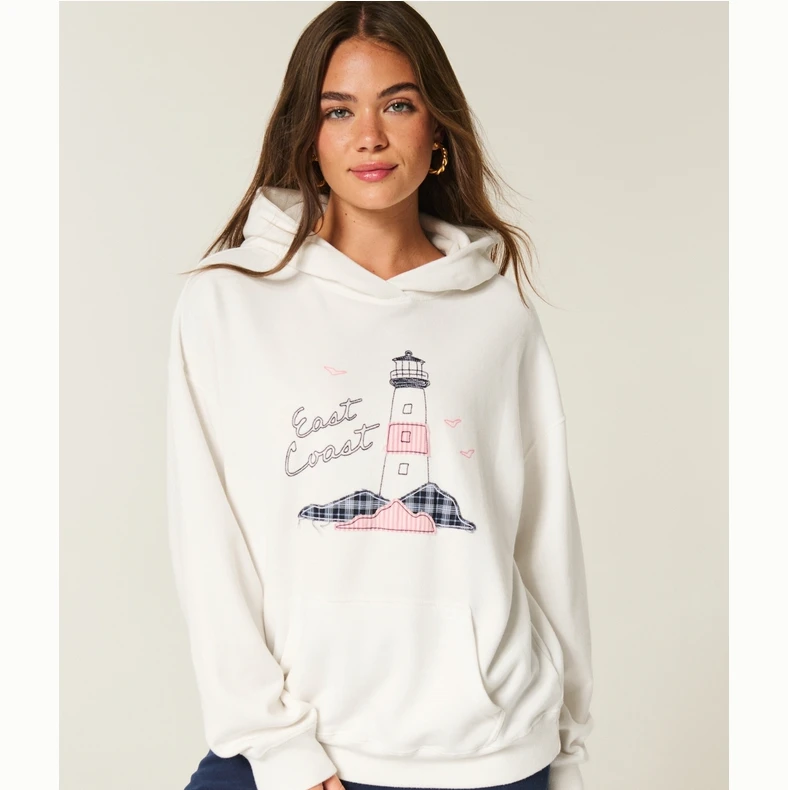 Hollister25秋冬新款宽松抓绒贴布套头连帽卫衣女装352-5256