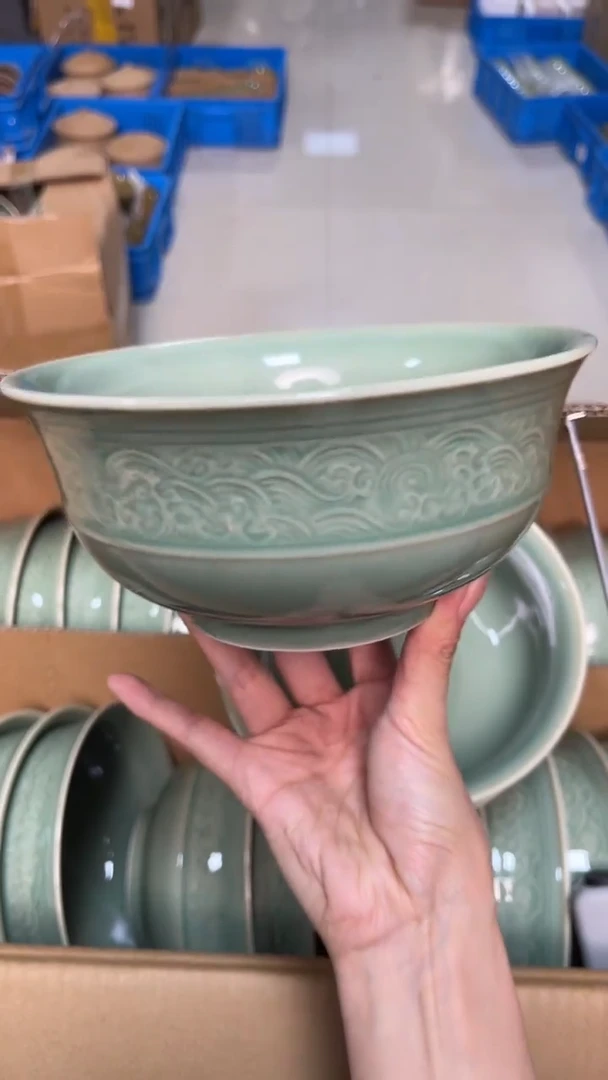 陶瓷青瓷7英寸海浪纹大碗 全品 单只