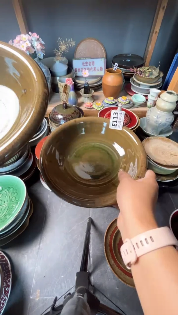 瓷片草*e113玻化绿卷边盘