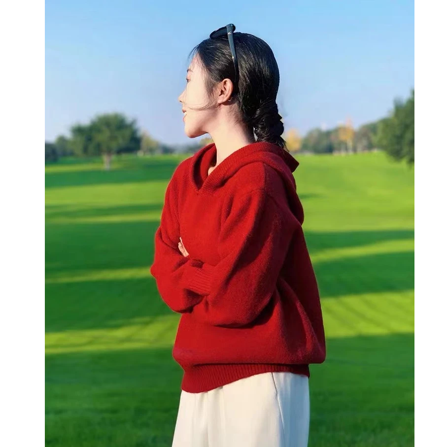 红色连帽正肩针织上衣-A025