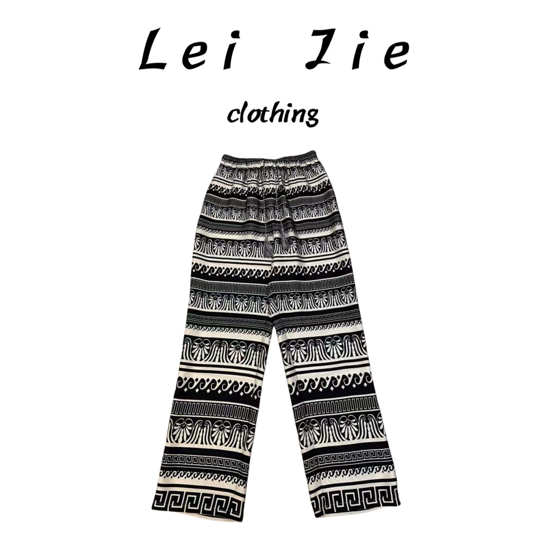 【Lei Jie】定位裁对丝松紧腰图纹阔腿休闲裤926