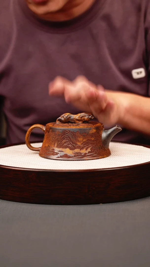 茶壶紫砂龙骨金砂 虎钮柱础 刻绘