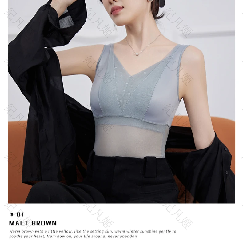 纪凡姬/8808-桑蚕丝百搭女经典长款蕾丝拼接打底背心