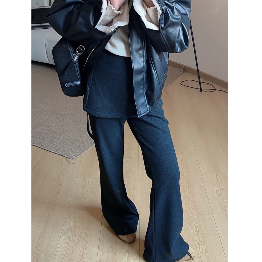 YUNING【魅力弧度】高腰显瘦假两件微喇裤加绒呢子裤（屁帘不能拆