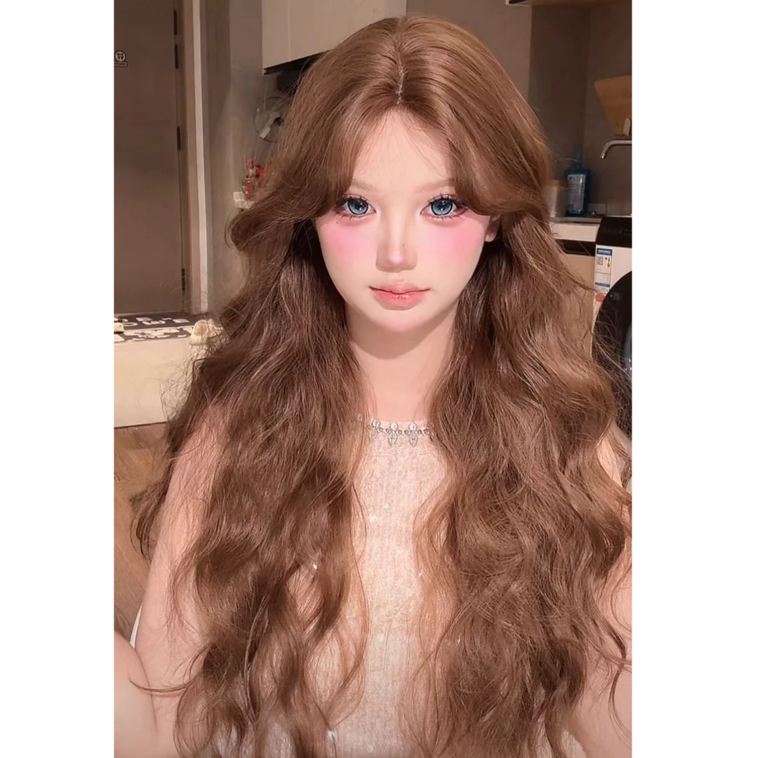 亚麻色齐刘海羊毛卷长卷发梦幻自然夏天逼真氛围感