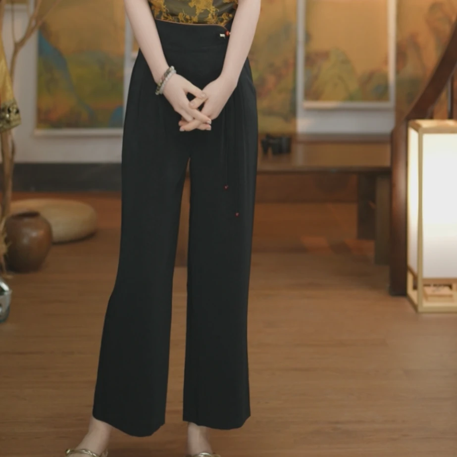 素娘显瘦气质高腰直筒时尚休闲百搭黑色休闲直筒裤简约S23319K