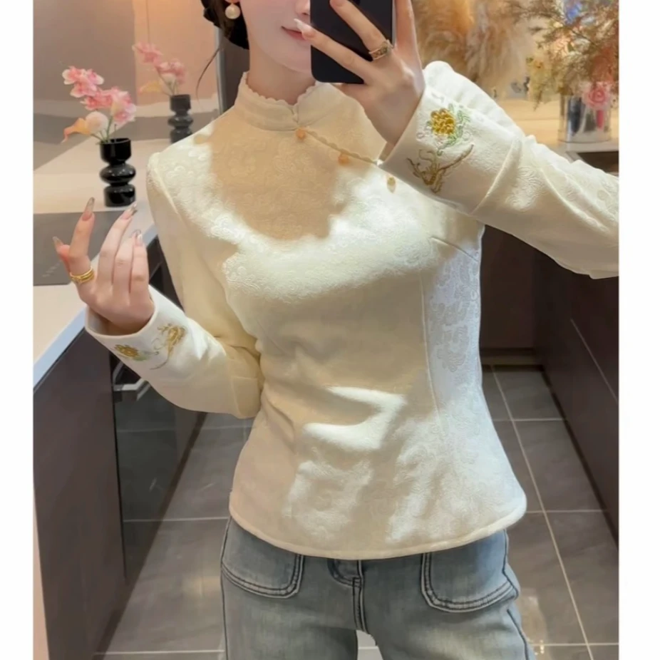 【加绒加厚】新中式刺绣提花上衣2025秋冬新款国风绝美厚款打底衫