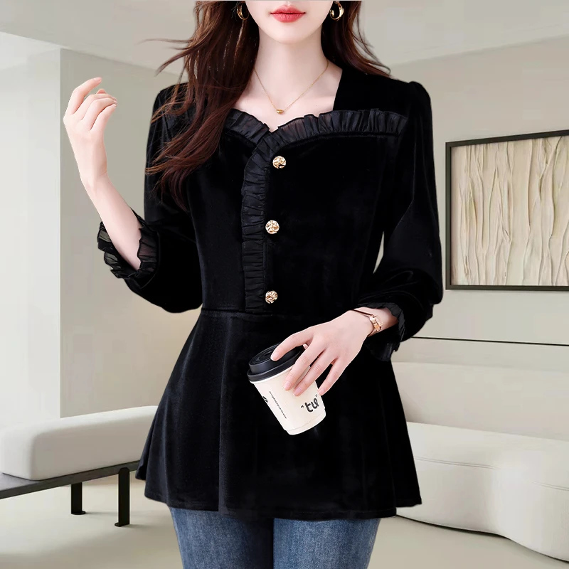 法式荷叶边拼接长袖T恤女2025秋季新款洋气时髦金丝绒打底上衣