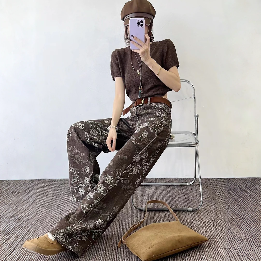 欧货2025早秋冬季咖色提花图案高腰显瘦窄版宽松阔腿直筒牛仔裤女