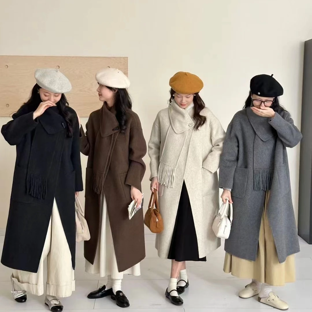 秋冬高端新百搭羊毛大衣双面围巾款宽松牛角扣