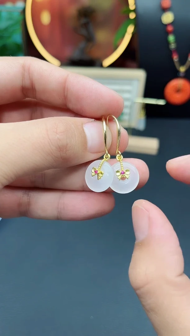 玛瑙/玉髓耳饰银S925镶嵌白色平安扣