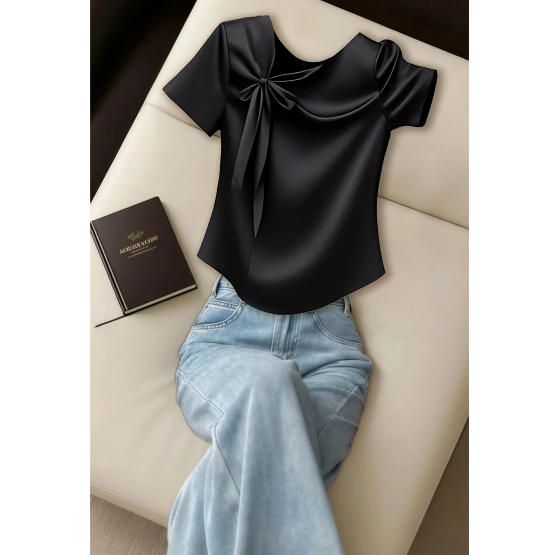 法式蝴蝶结短袖T恤女2025夏季超好看时尚百搭显瘦黑色设计感上衣