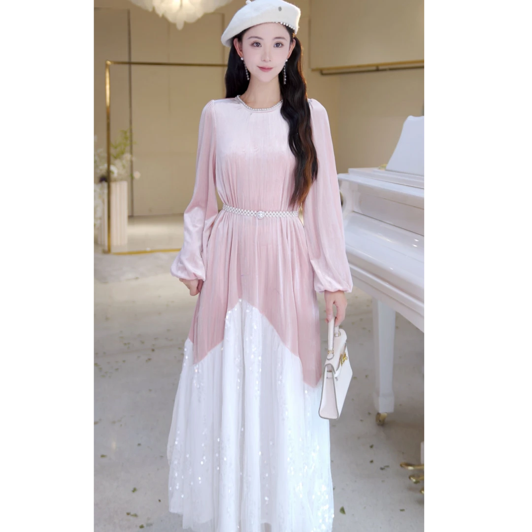 【北栀】重工时尚亮片拼色连衣裙813126