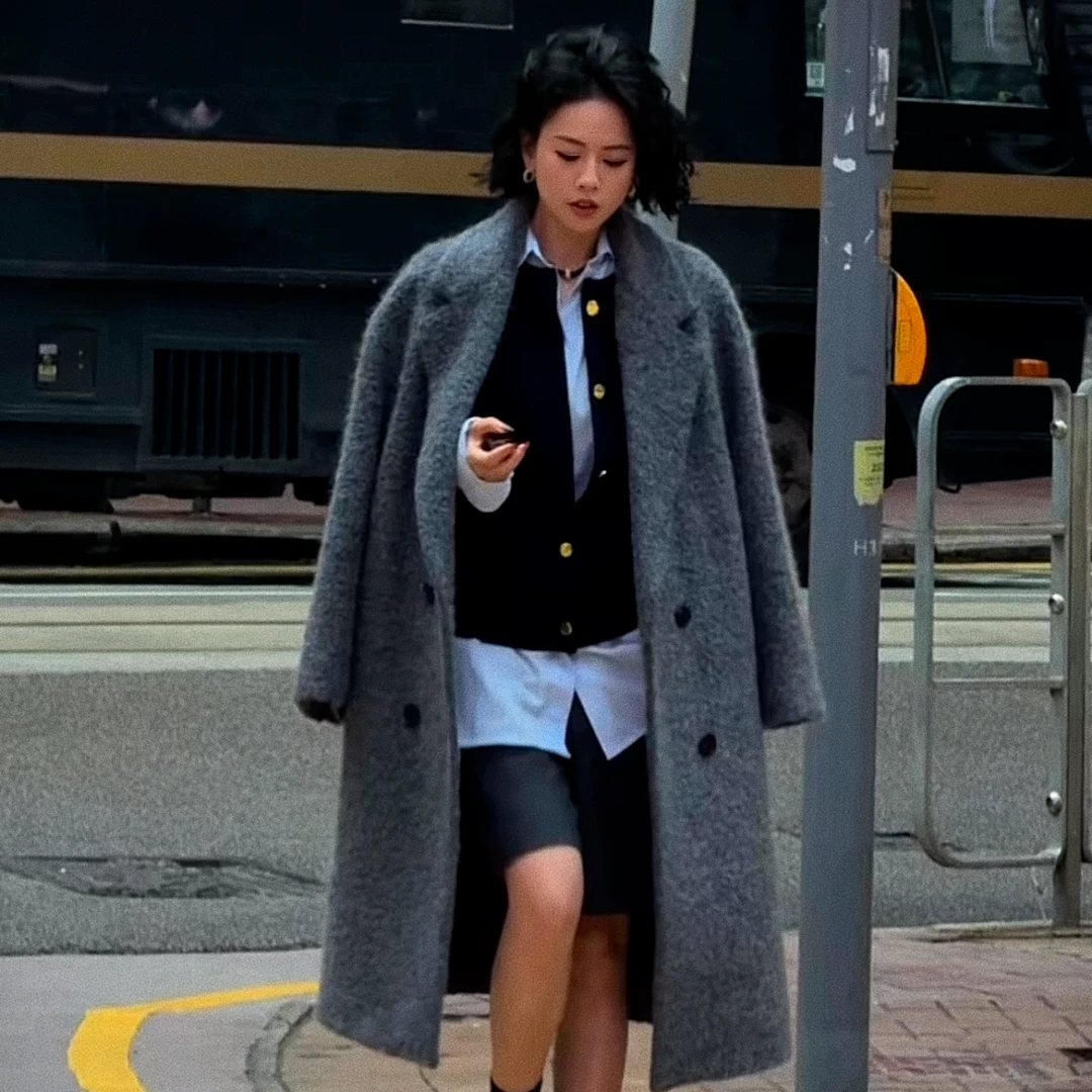 W.Diva【揽月】早春时尚高级感马海毛翻领双排扣长款大衣3C29FH866