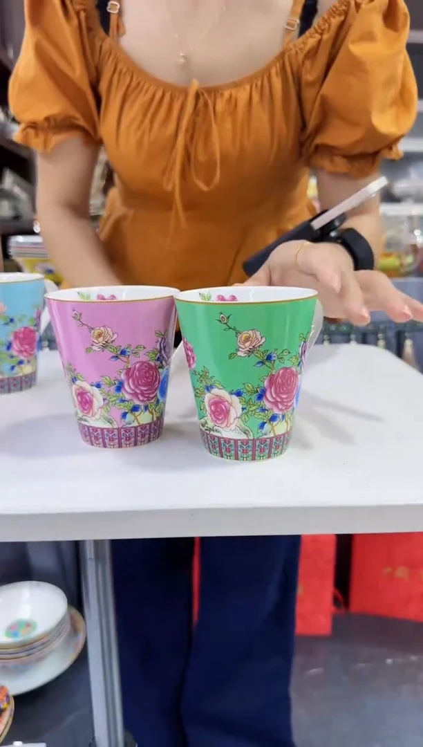 珐琅 牡丹花卉水杯2只装景德镇陶瓷