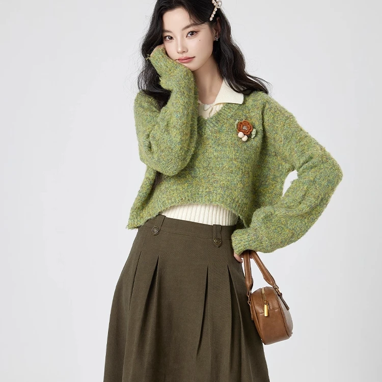 学院风减龄套装女2025新款慵懒风松弛感针织毛衣叠穿半身裙三件套