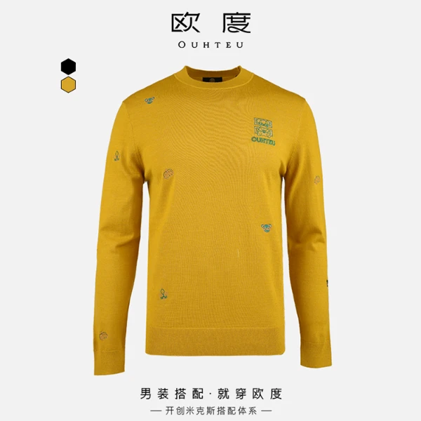 OUHTEU/欧度【诺克熊系列】25秋冬新款刺绣烫钻羊毛针织衫男7692