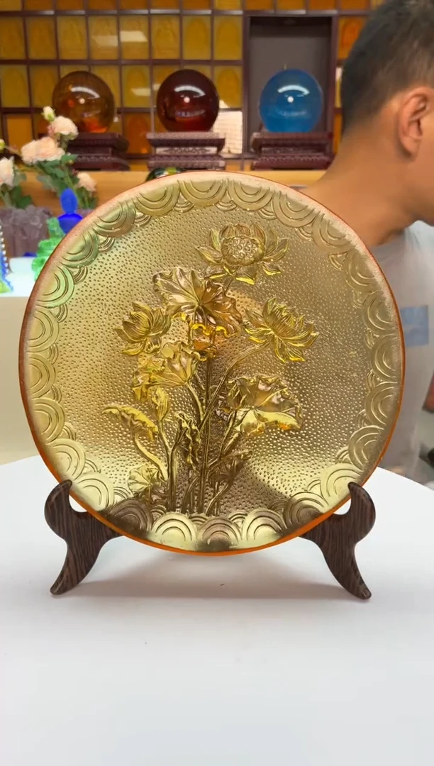 手工艺品琉璃琥珀色荷花摆件21公分无三角架