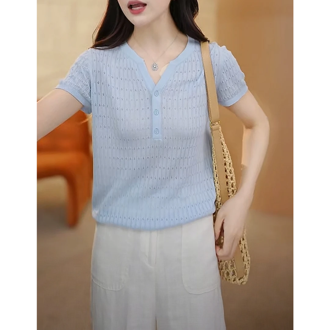 2025夏季新款v领镂空时尚洋气短袖针织衫女法式修身显瘦薄款上衣