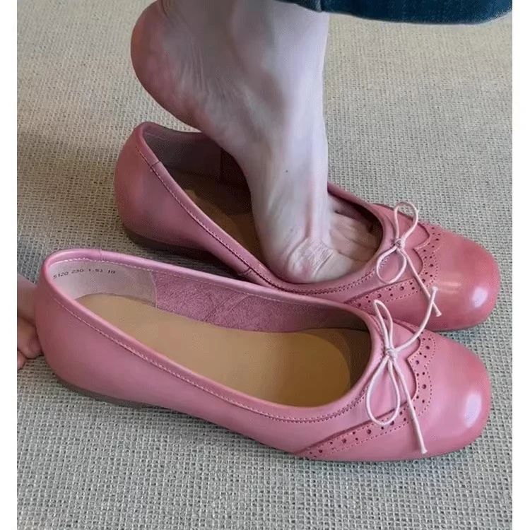 法式少女粉色蝴蝶结一脚蹬芭蕾鞋2025新款软皮浅口平底圆头单鞋女