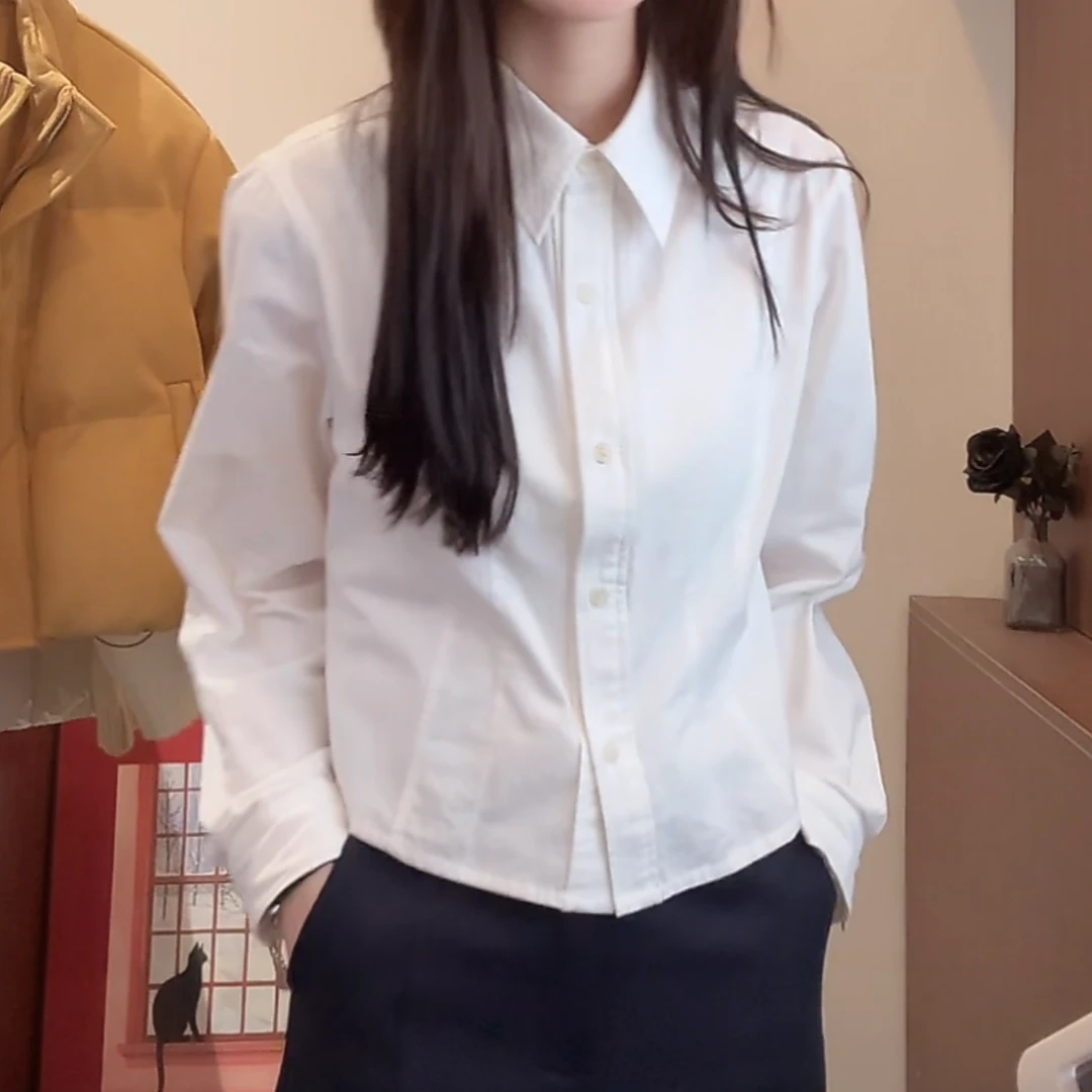 设计感纯色polo领衬衫女早春2025新款气质时尚白衬衣百搭长袖上衣