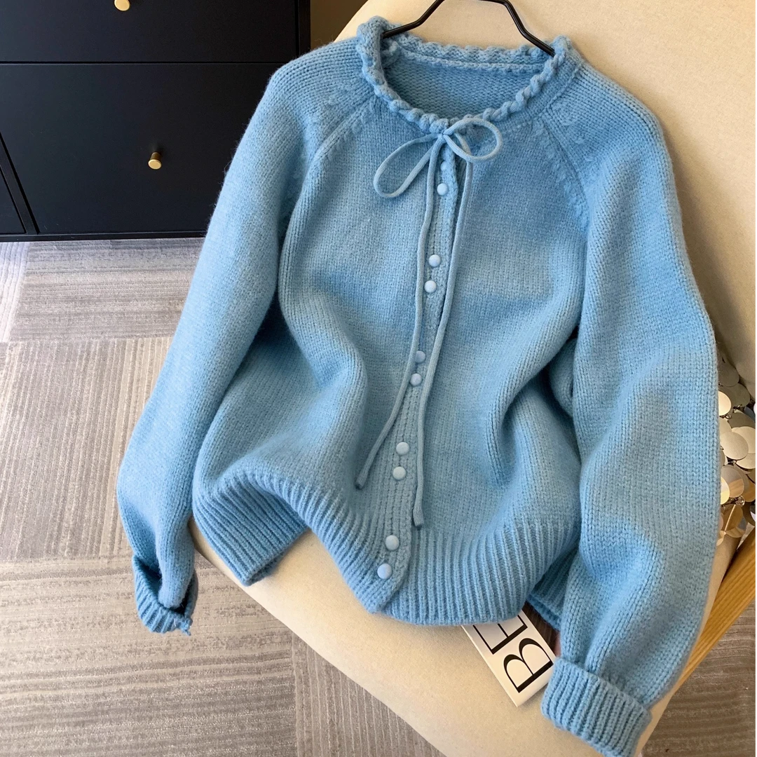 温柔风系带蝴蝶结蓝色毛衣女2025秋冬新款软糯针织开衫小个子外套
