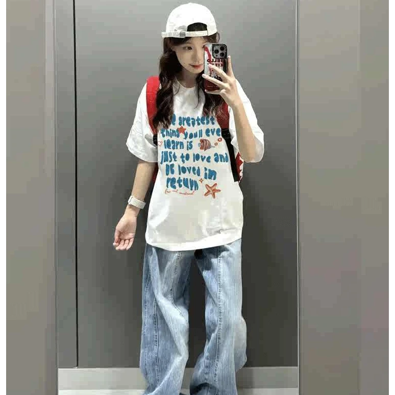 ICIM海洋来信短袖2025年新款夏季金鱼字母印花T恤宽松显瘦女潮流