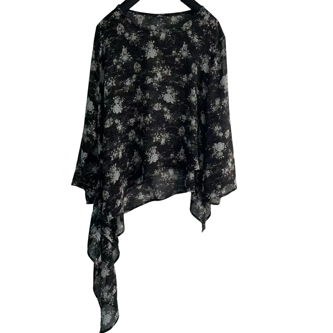 恬小霓（玲玲姐精选）654/黑白/墨花/圆领/长斜边/个性/上衣