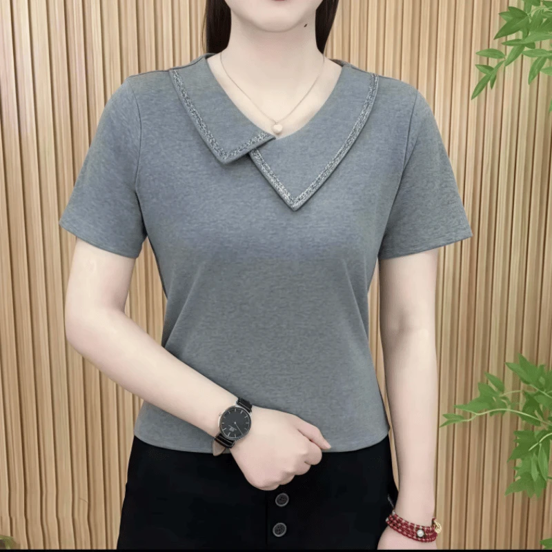 新款夏季纯色百搭时尚减龄印花钻T恤洋气显瘦短袖小衫上衣