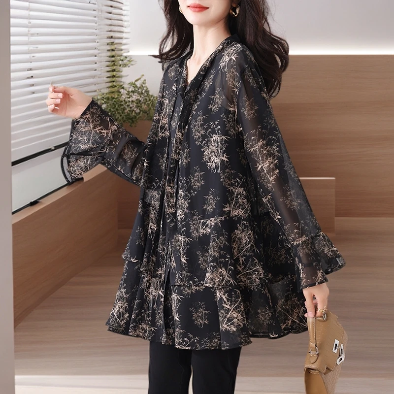 法式气质洋气时尚印花荷叶边衬衫女秋季新款雪纺衫高品质设计感潮