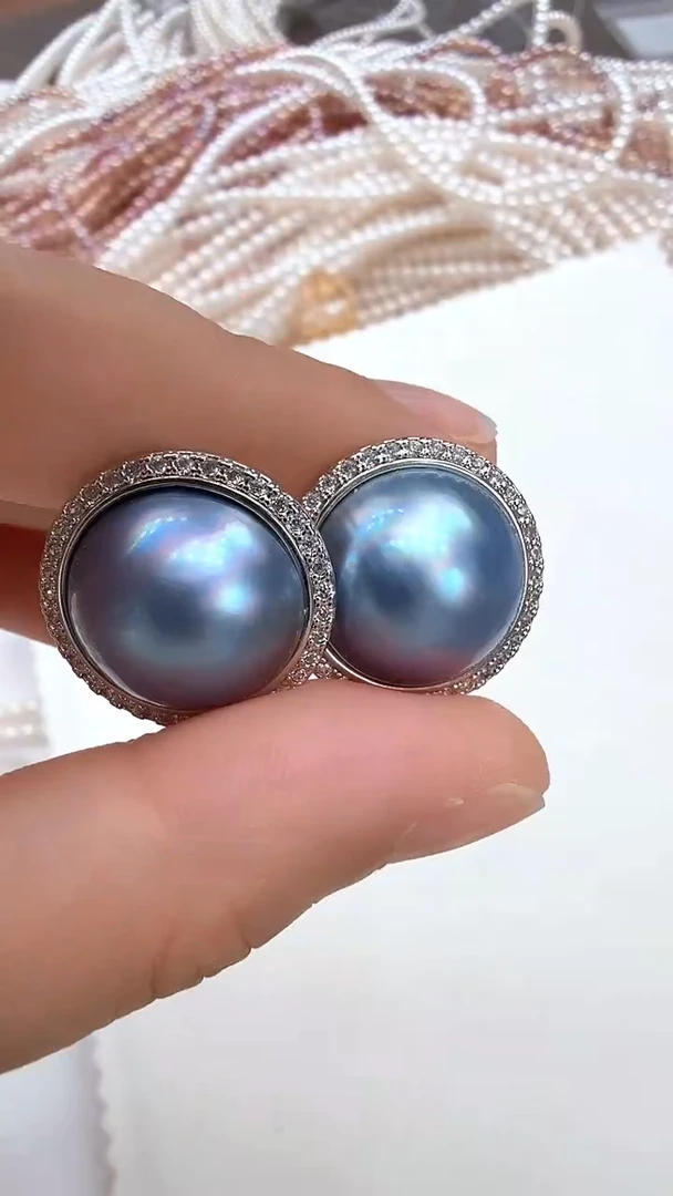 耳饰合金拼合珍珠（马贝珠）蓝色太阳花