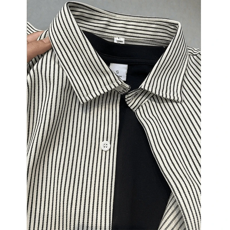 美式工装黑白条纹衬衫男春秋长袖cleanfit翻领痞帅休闲外套.