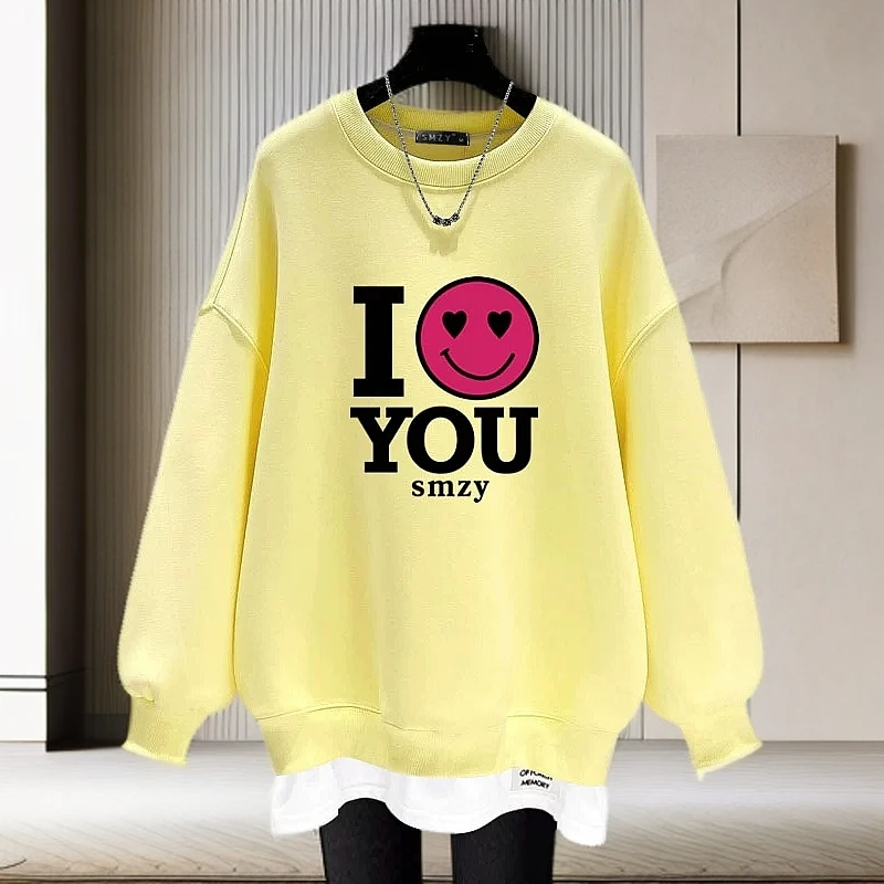 搭配鲨鱼裤字母爱心笑脸宽松假两件卫衣女加绒2025新款春秋冬圆领