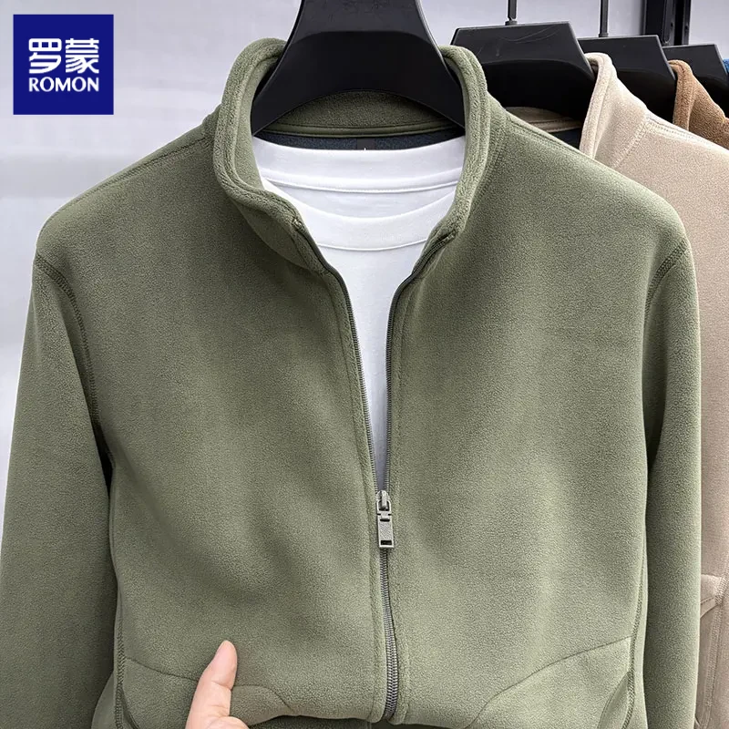 罗蒙秋冬季新款奥粒绒长袖夹克男士时尚休闲立领抓绒开衫外套上衣
