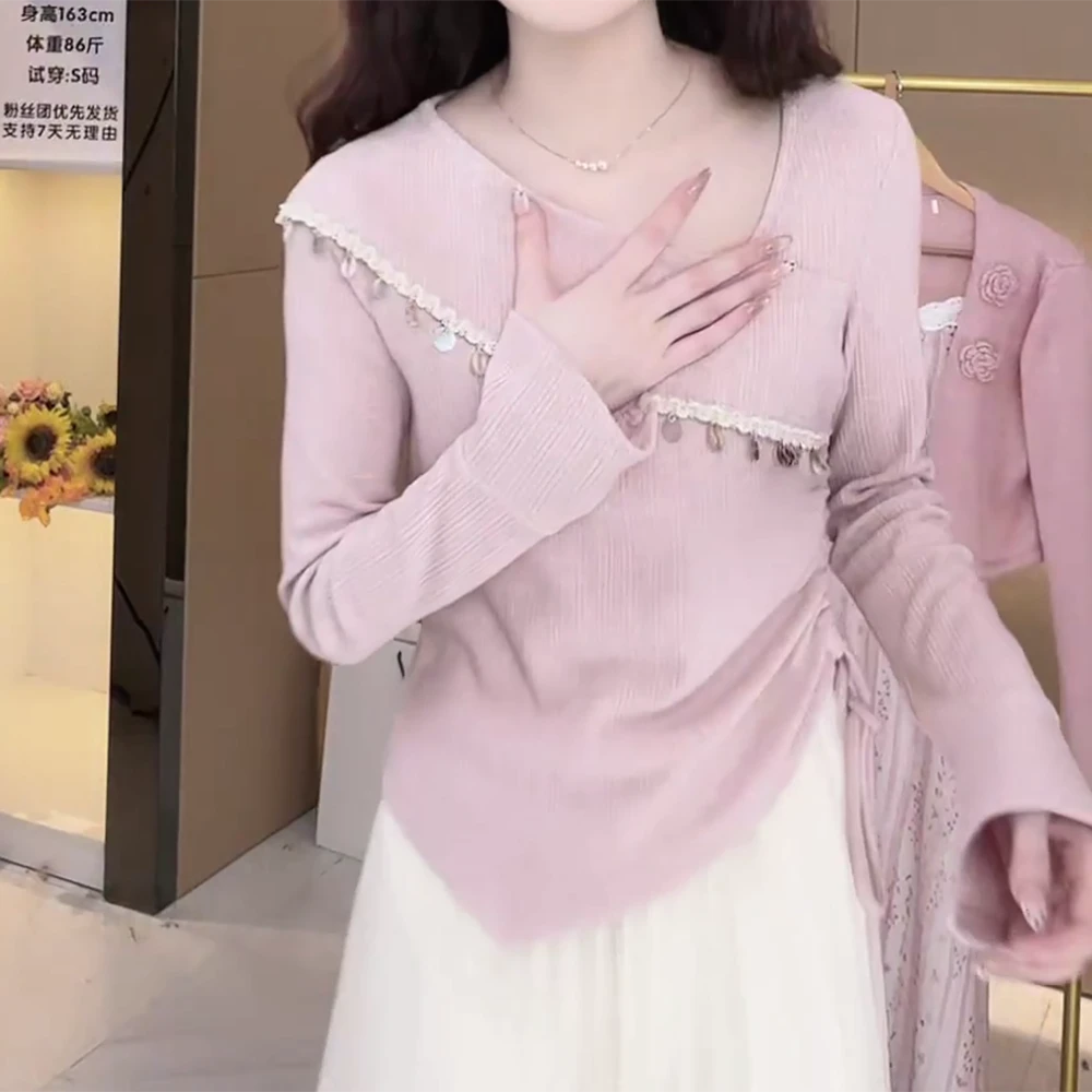 法式亮片小众春款百搭韩系设计感收腰打底显瘦修身长袖T恤洋气女