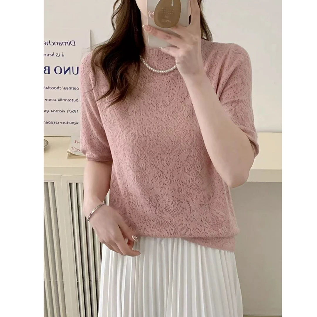 夏季新款立体浮雕欧根纱混纺圆领轻薄针织短袖女1048