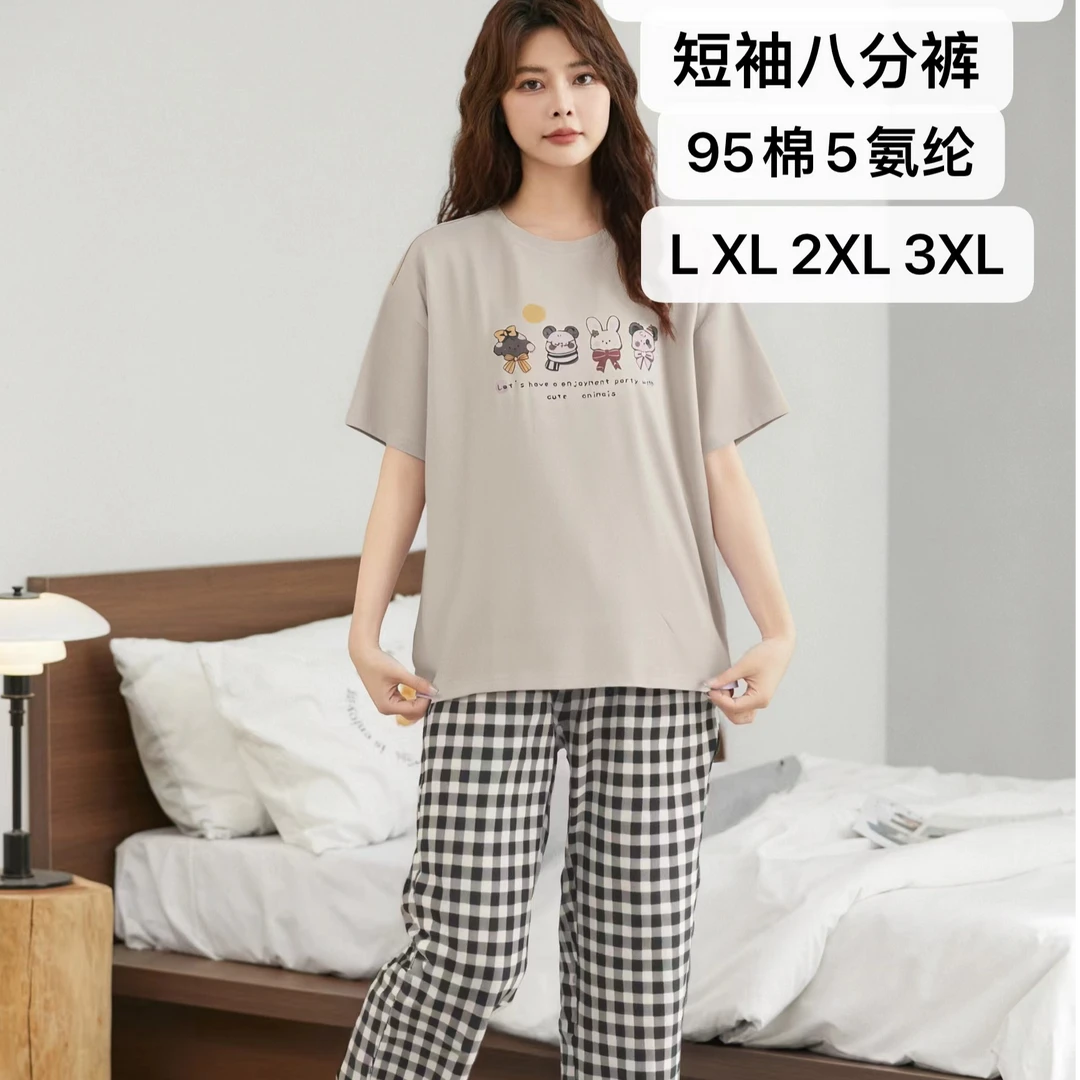 夏季睡衣爽棉女士家居服套装圆领大码时尚简约格子印花卡通可外穿