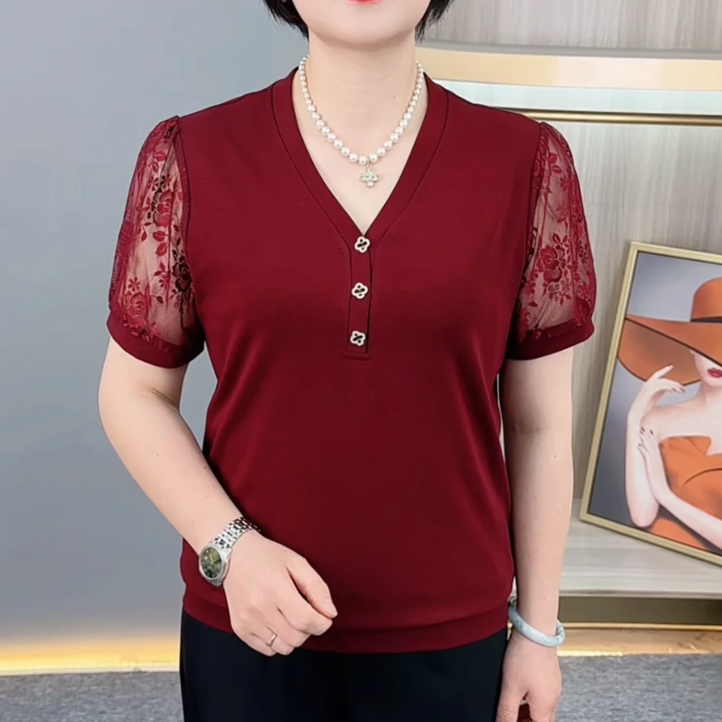 夏季新款时尚V领纯色蕾丝拼接气质妈妈装休闲百搭短袖上衣H377