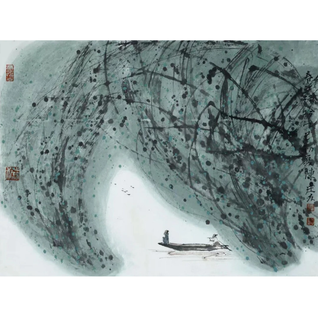 WX陈老师 柳荫归舟/纸本设色 45*33.5cm