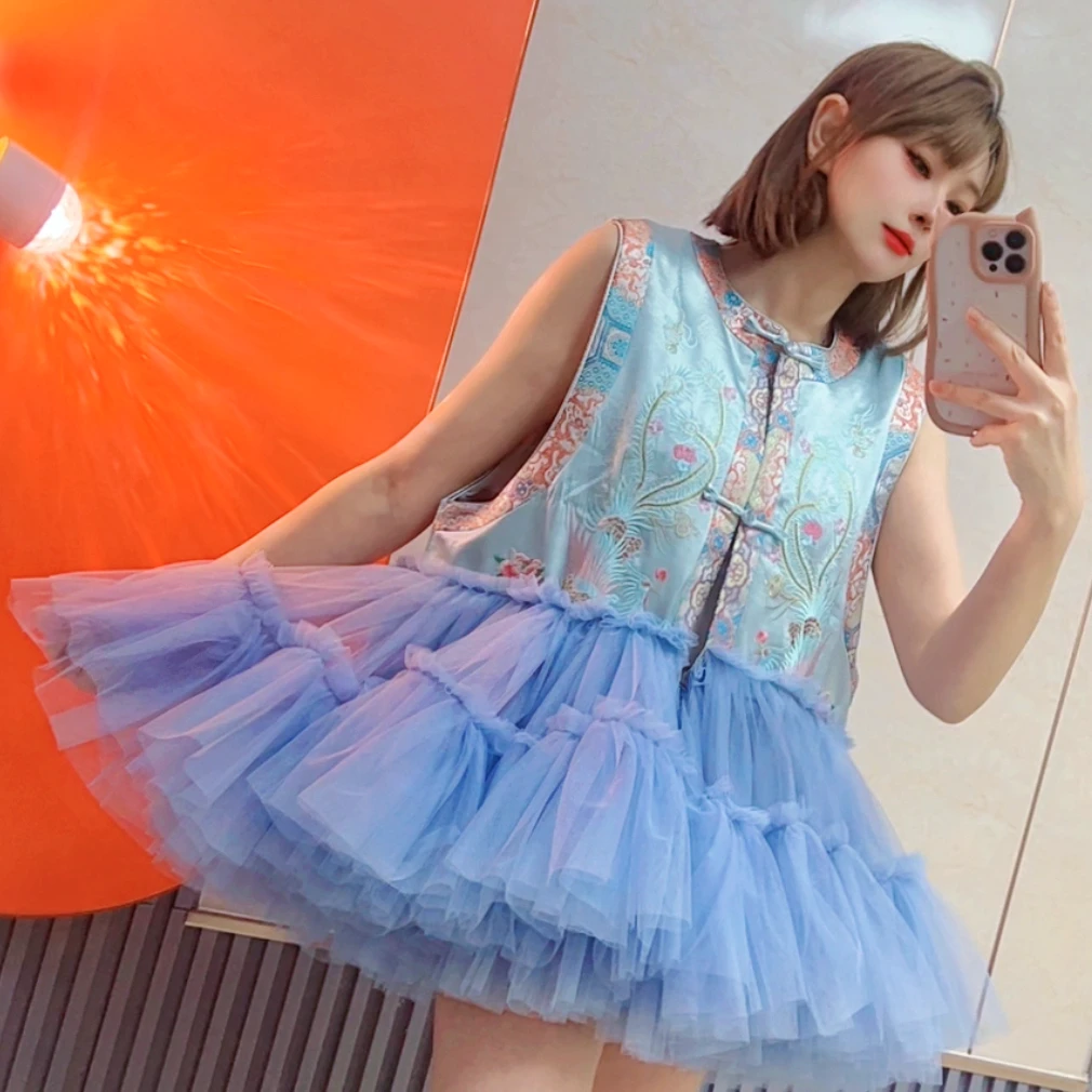 2109【熙妮潮牌】潮牌设计师私人定制新中式国潮国风刺绣马甲拼纱裙