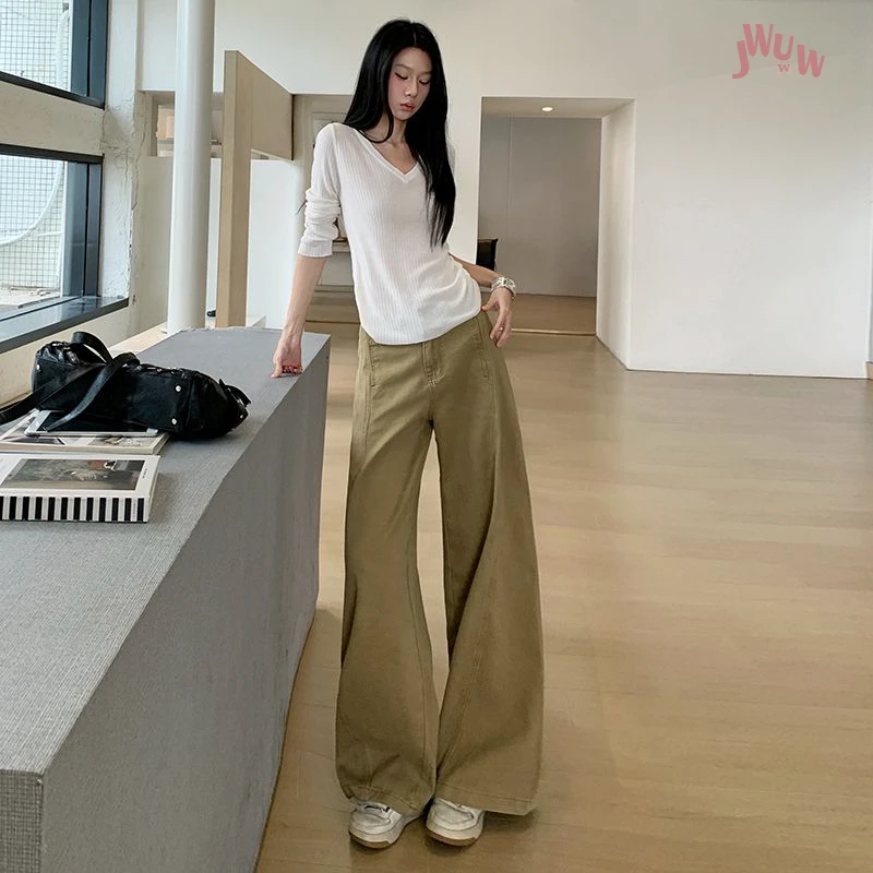 JWUW卡其色阔腿弯刀裤女新款高腰宽松显瘦垂感拖地直筒裤子