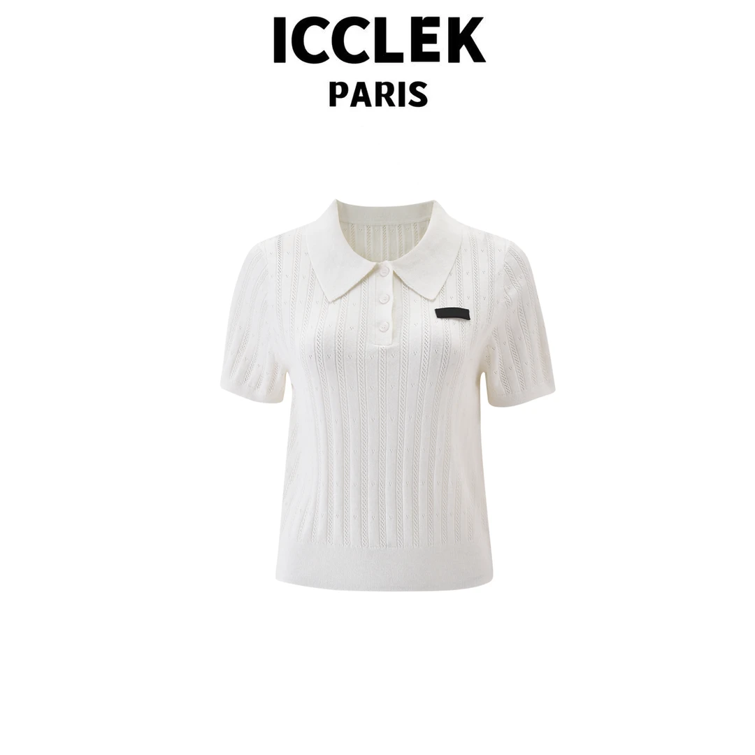 ICCLEK 白色竖条显瘦减龄字母百搭翻领针织学院风 上衣 短袖-7064