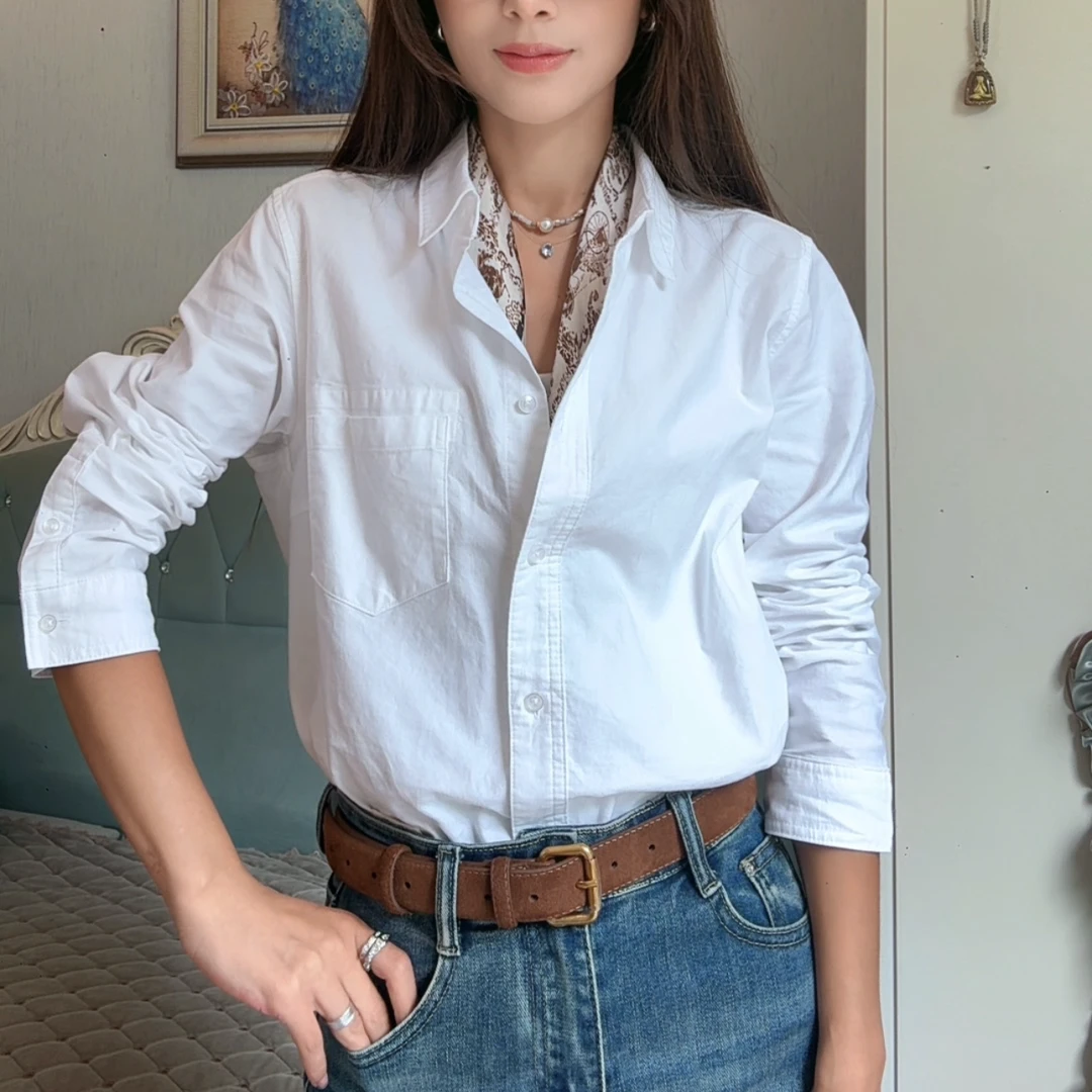 2025秋冬新款纯棉白色牛津纺休闲宽松气质衬衫单口袋长袖衬衣女