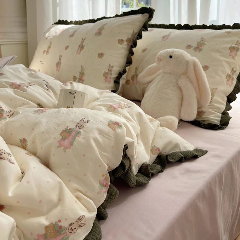 公主风皱皱纱纯棉四件套全棉网红款被套床单人床上用品三件套家纺