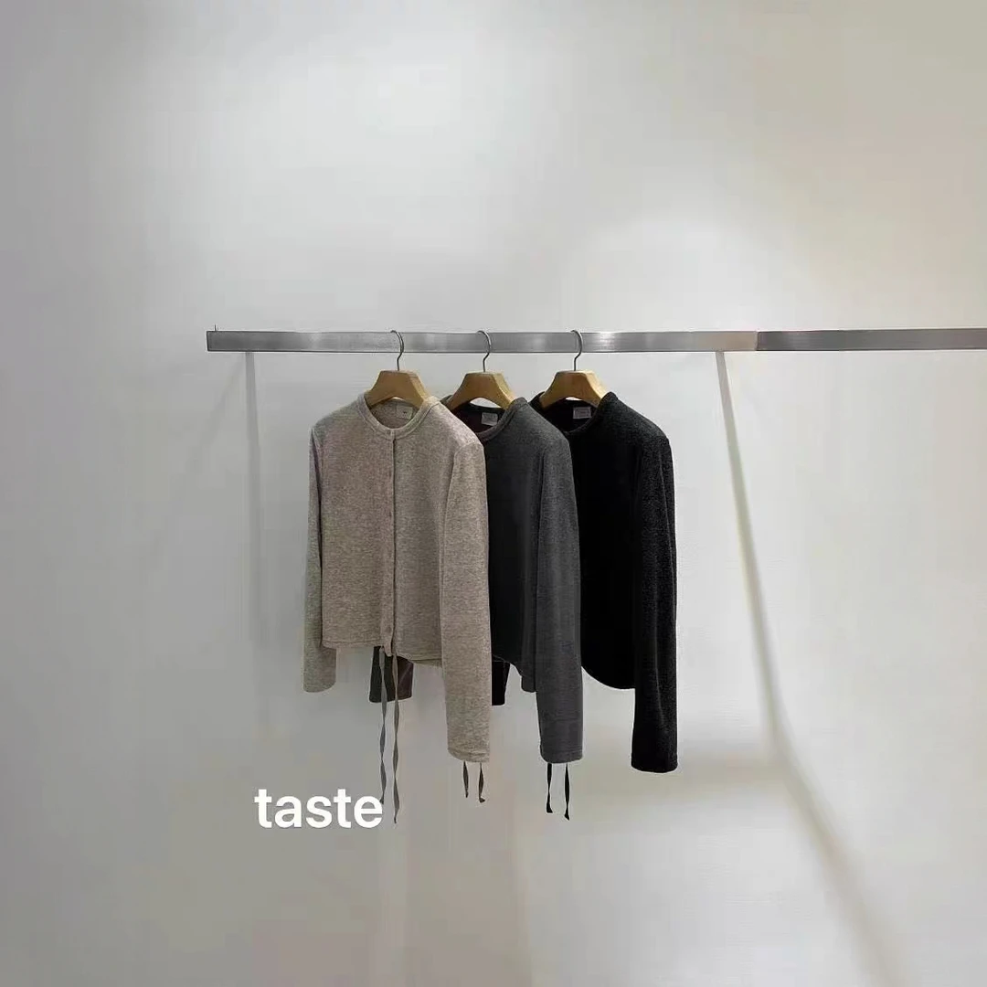 泡菜 one taste 2025新款圆领百搭下摆抽绳针织开衫