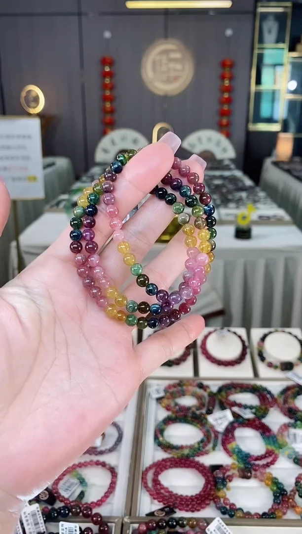 未镶嵌老矿碧玺彩虹三圈手串5mm+碧玺hon多样性发货一条