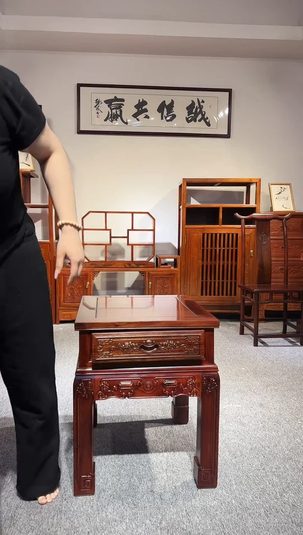 红酸枝木类端景台非洲酸枝精雕角几带抽屉