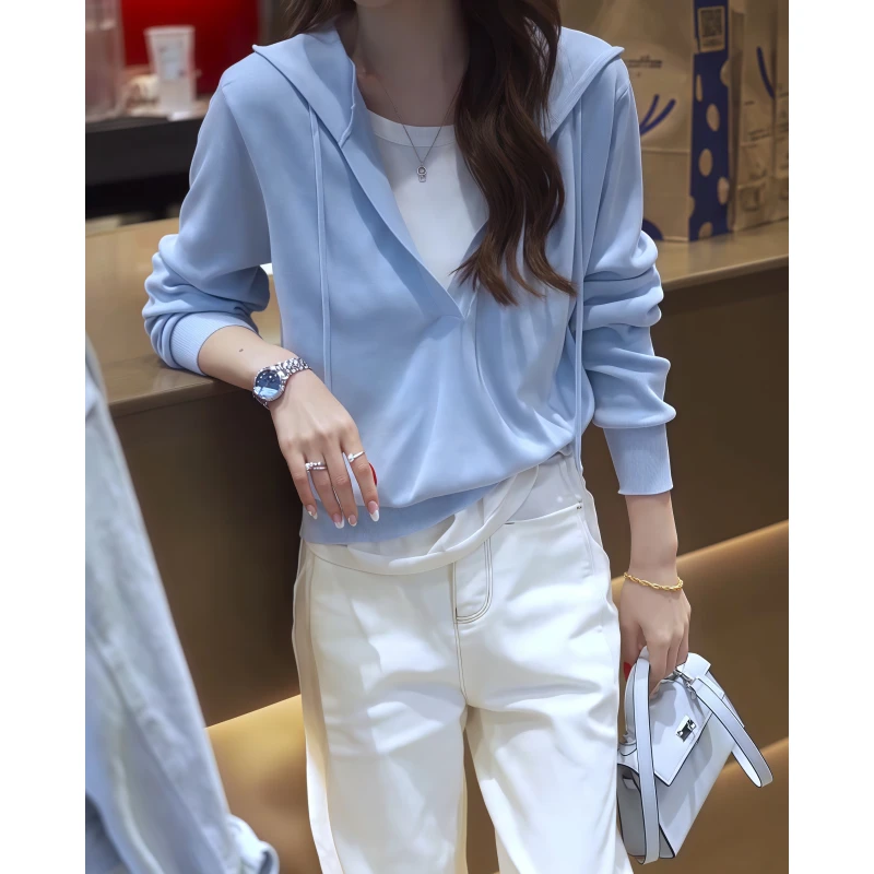 轻奢高级感简约假两件连帽针织衫女春季新款时尚气质减龄百搭上衣