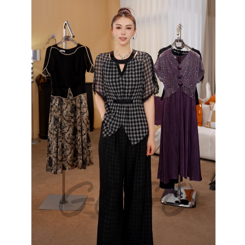 G6812设计感时尚格纹收腰百搭套装女2025夏季新款修身显瘦两件套